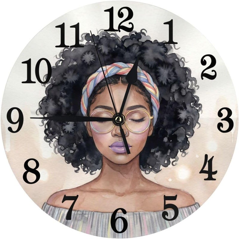 Abucaky African Black Woman Wall Clock Battery Operated Silent Round Clock Afro Girl Wall Decor for Home Office School, 12 Inch - Image 1
