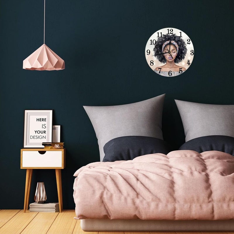 Abucaky African Black Woman Wall Clock Battery Operated Silent Round Clock Afro Girl Wall Decor for Home Office School, 12 Inch - Image 5