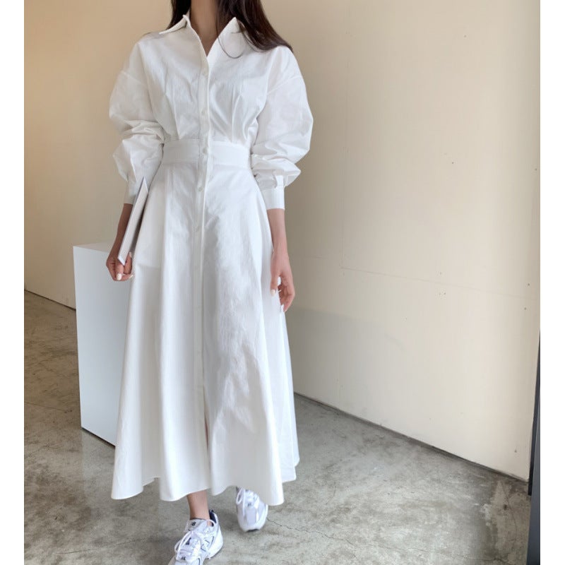 South Korea Dongdaemun 2024 Early Autumn New French Temperament Tight Waist Slimming Shirt dress Womens Temperament Long Dress White