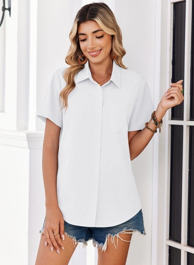 zeagoo Spring Tops for Women Short Sleeve Shirts Casual Button Down Blouses Business Vneck Tshirts, White, L - Image 5