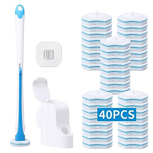 DALIPER Disposable Toilet Brush with 40PCS Refills Wall Mounted Compact Bathroom Bowl Wand Cleaning System Long Handle with Storage Caddy