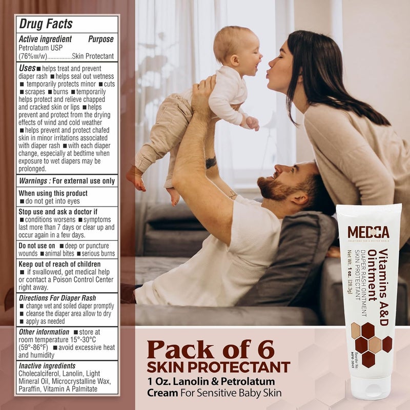 MEDca Vitamin A  D Diaper Rash Ointment Protectant Cream for Sensitive Baby Skin  Lanolin  Petrolatum Formula DryCracked HandsFeetFace Skin 1oz Tube Pack of 6 - Image 4