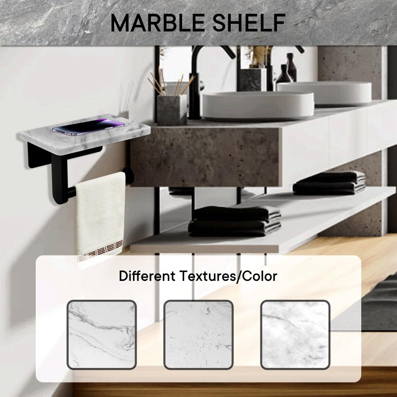 Nodafuer Toilet Paper Holder with Natural Marble Shelf for Bathroom Washroom Wall Mounted Tissue Holder Suitable for Mega Roll (Small 6.7 * 4.3 in Matte Black) - Image 5