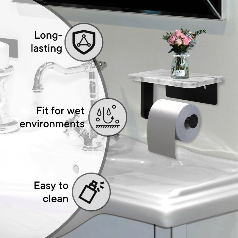 Nodafuer Toilet Paper Holder with Natural Marble Shelf for Bathroom Washroom Wall Mounted Tissue Holder Suitable for Mega Roll (Small 6.7 * 4.3 in Matte Black) - Image 4