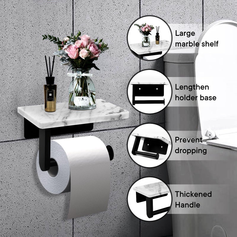Nodafuer Toilet Paper Holder with Natural Marble Shelf for Bathroom Washroom Wall Mounted Tissue Holder Suitable for Mega Roll (Small 6.7 * 4.3 in Matte Black) - Image 2