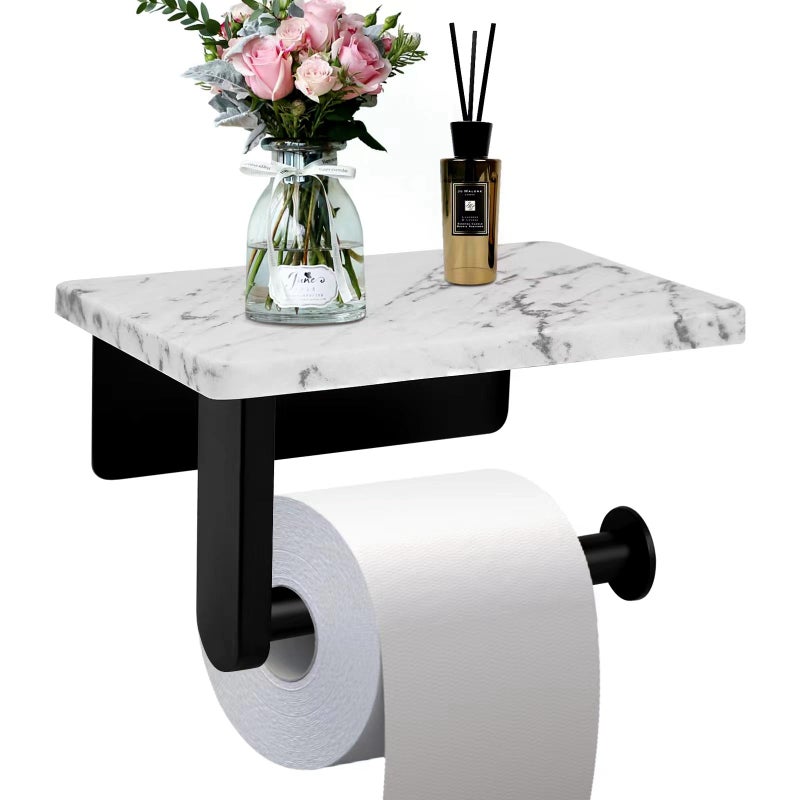 Nodafuer Toilet Paper Holder with Natural Marble Shelf for Bathroom Washroom Wall Mounted Tissue Holder Suitable for Mega Roll (Small 6.7 * 4.3 in Matte Black) - Image 1