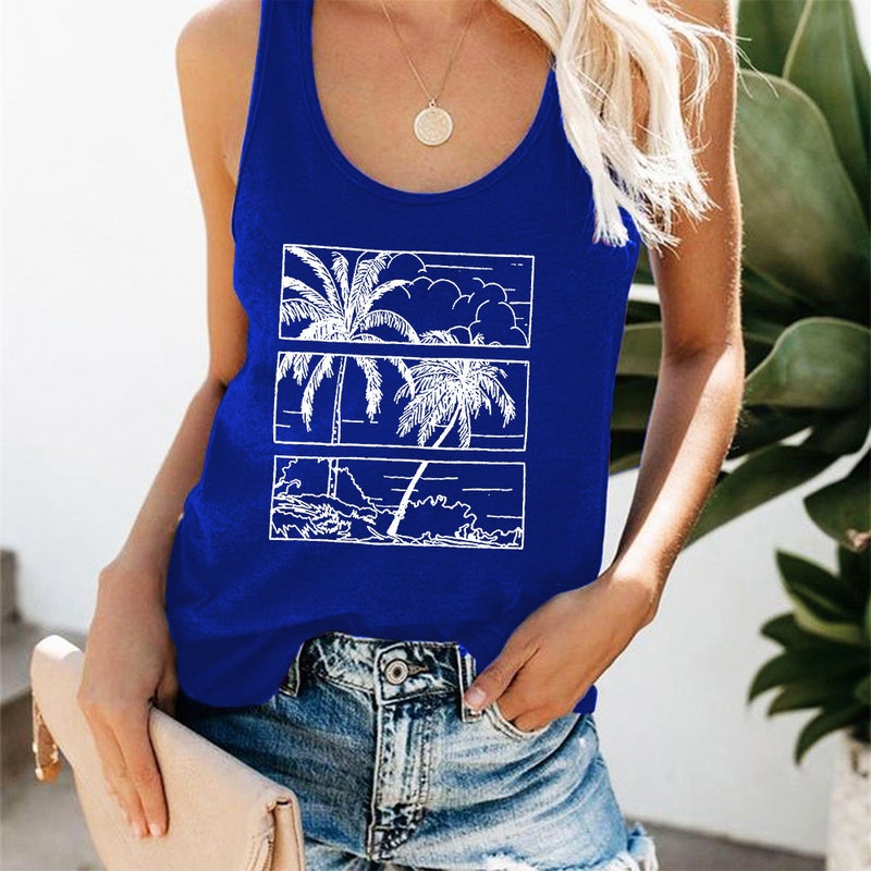 Vacation Casual Vest Womens European and American Spot Loose Large Size Coconut Tree Printed Top Foreign Trade Hurdle Vest Wholesale Light gray - Image 2