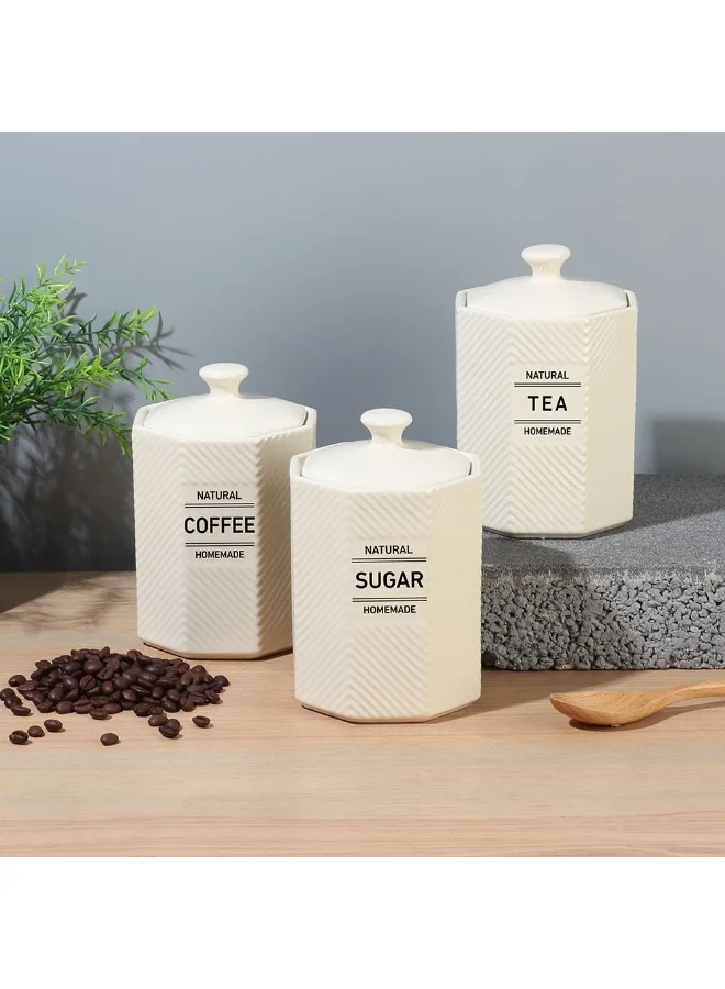 DANUBE HOME Princess 3-Piece Ceramic Storage Jar Set with Silicone Ring & Wooden Spoon – Airtight Containers for Tea, Coffee, Sugar, Elegant Kitchen Canisters for Organized Countertops, 800ml, 11 X 11 X15.5 Hcm