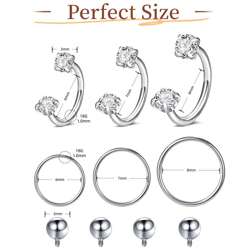 Purbeaut 18G Silver Horse Shoe Nose Rings for Women,316L Surgical Steel Septum Nose Rings Hoops CZ Cubic Zirconium Corkscrew Hypoallergenic Nostril Piercing Jewelry for Women Men 6/7/8mm - Image 2