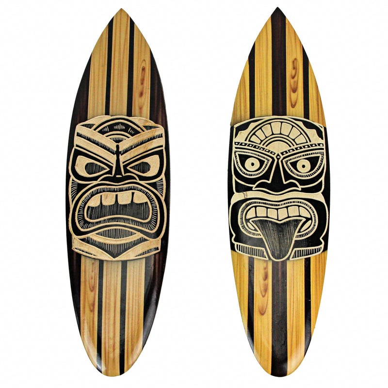 Zeckos Zeckos Set of 2 HandCrafted Black and White Tiki Mask Etched Wood Surfboard Decorative Wall Hangings 20 Inches High Perfect for Seaside Serenity in Your Home