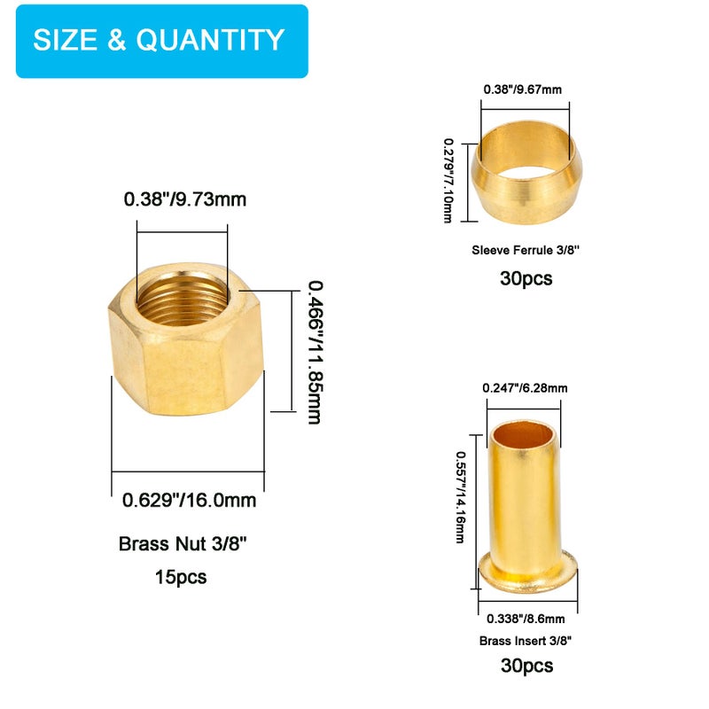 Breezliy 75Pcs 3/8 Assortment Kit Brass Compression Sleeves Ferrules & Insert &Nuts - Image 3