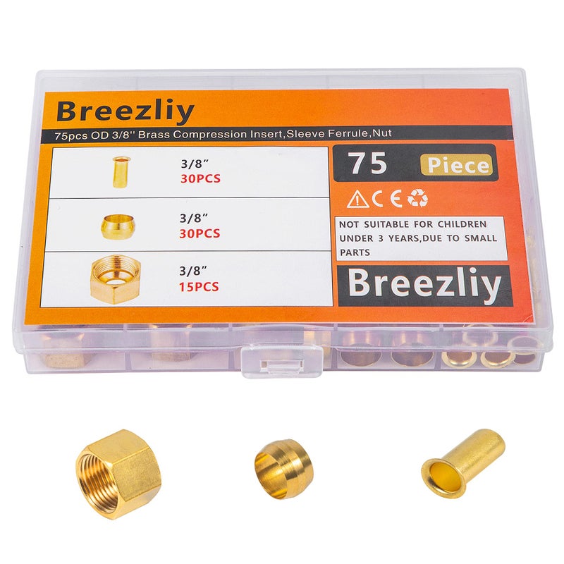 Breezliy 75Pcs 3/8 Assortment Kit Brass Compression Sleeves Ferrules & Insert &Nuts - Image 1