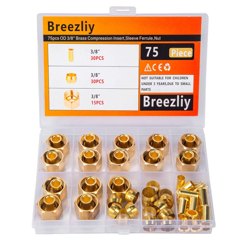 Breezliy 75Pcs 3/8 Assortment Kit Brass Compression Sleeves Ferrules & Insert &Nuts - Image 2