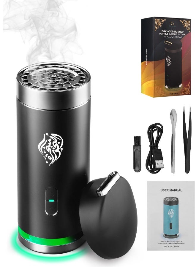 Equantu New Style Electric Bakhoor Burner, Car Portable Incense Burner, USB Type-C Rechargeable Small Bakhoor Burner, Arabic Aroma Diffuser for Office Home - Black - Image 1