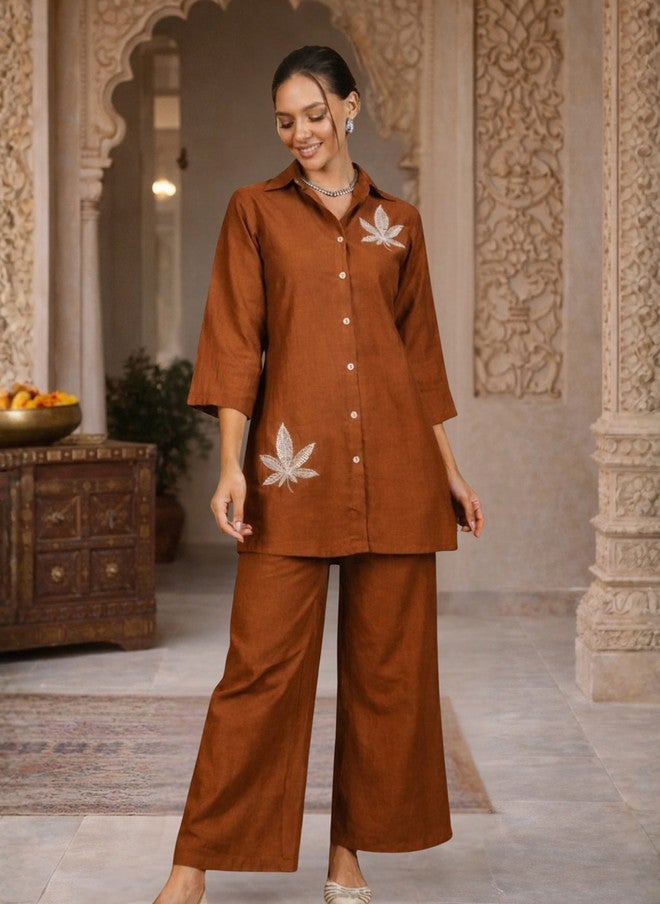 WineRed Brown Embroidered Shirt with Solid Palazzos - Image 5