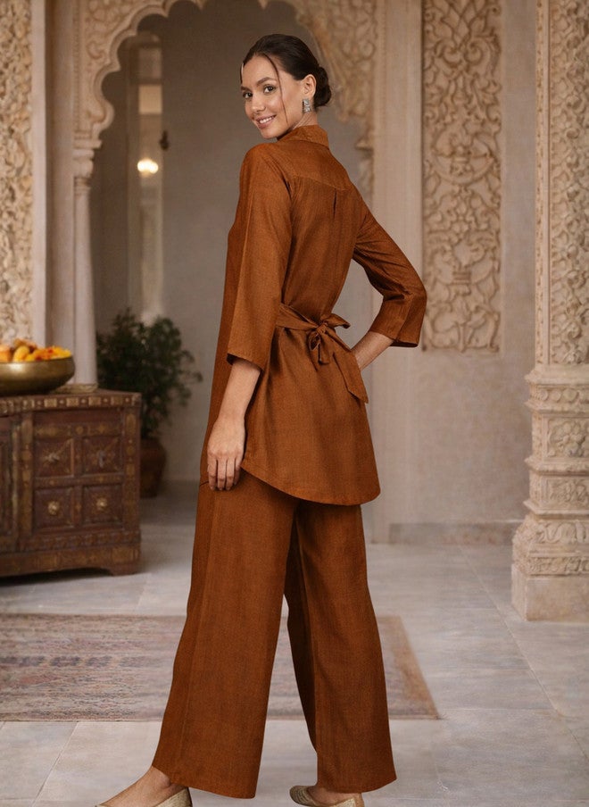 WineRed Brown Embroidered Shirt with Solid Palazzos - Image 4