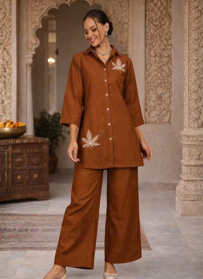 WineRed Brown Embroidered Shirt with Solid Palazzos - Image 1