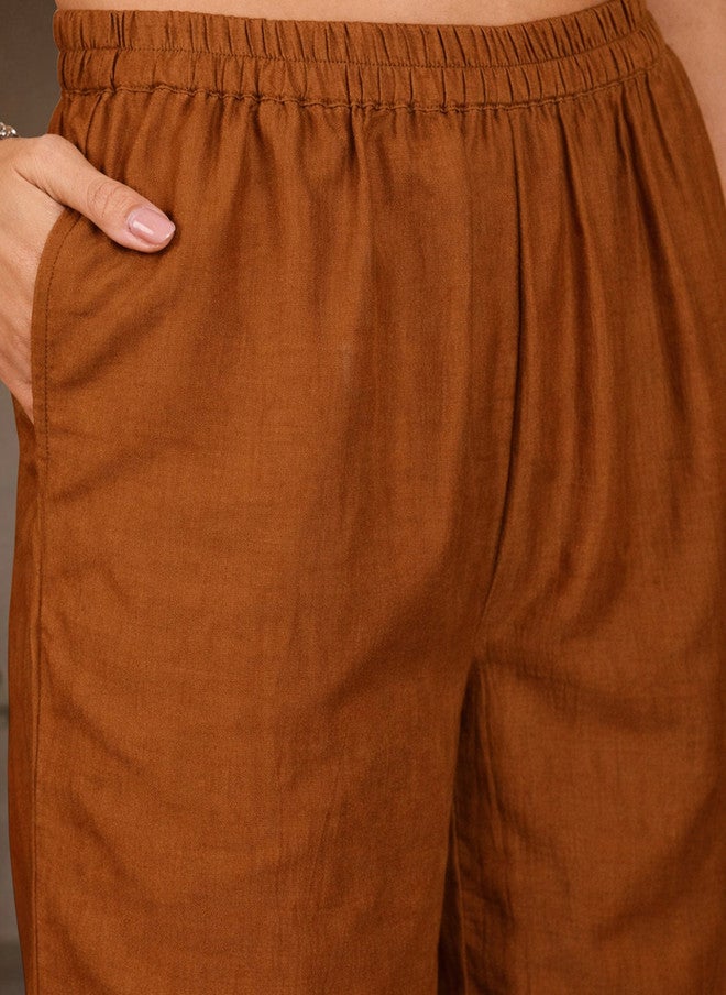 WineRed Brown Embroidered Shirt with Solid Palazzos - Image 3