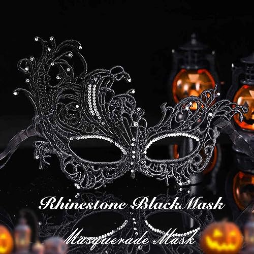 Obmyec Halloween Lace Mask Masquerade Mask Elastic Mardi Gras eyemask Costume Party for Women (Black-rhinestone) - Image 2