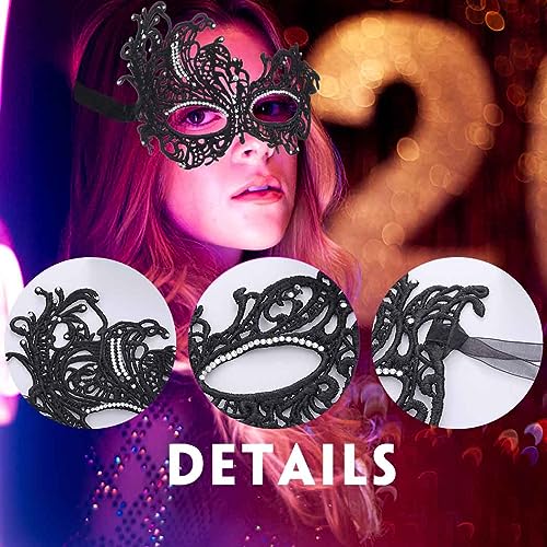 Obmyec Halloween Lace Mask Masquerade Mask Elastic Mardi Gras eyemask Costume Party for Women (Black-rhinestone) - Image 4