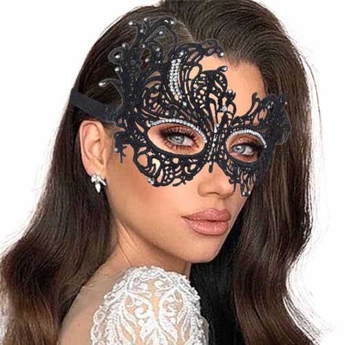 Obmyec Halloween Lace Mask Masquerade Mask Elastic Mardi Gras eyemask Costume Party for Women (Black-rhinestone) - Image 1