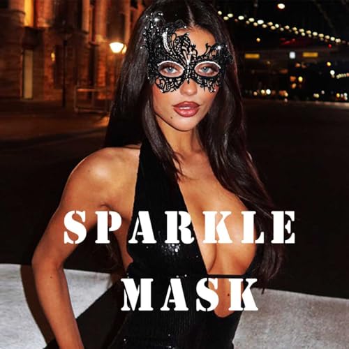 Obmyec Halloween Lace Mask Masquerade Mask Elastic Mardi Gras eyemask Costume Party for Women (Black-rhinestone) - Image 3