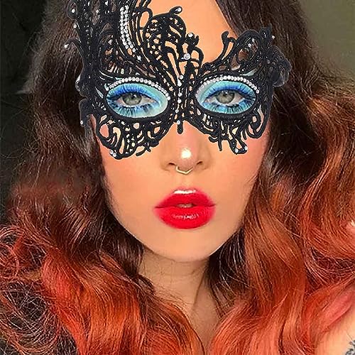 Obmyec Halloween Lace Mask Masquerade Mask Elastic Mardi Gras eyemask Costume Party for Women (Black-rhinestone) - Image 5