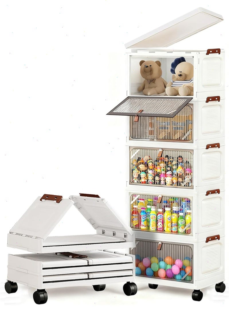 Yoawllty 5‑Tier Foldable Storage Cabinet with Wheels, Stackable Collapsible Plastic Storage Organizer with Lids, Multi‑Purpose Closet Pantry Organizer for Bedroom Kids Room Home Office - Image 1