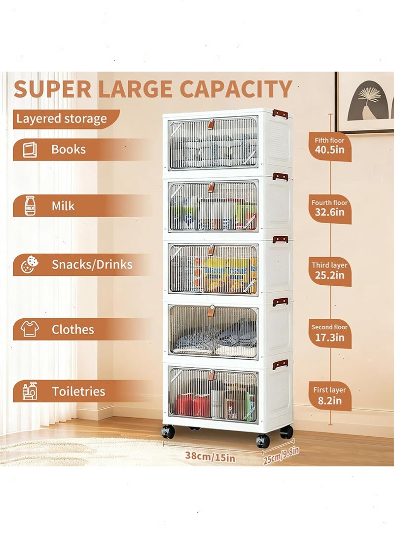 Yoawllty 5‑Tier Foldable Storage Cabinet with Wheels, Stackable Collapsible Plastic Storage Organizer with Lids, Multi‑Purpose Closet Pantry Organizer for Bedroom Kids Room Home Office - Image 4