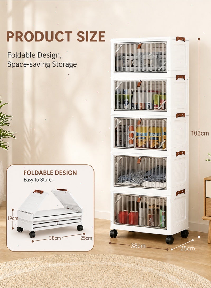 Yoawllty Collapsible 5 Tier Stackable Storage Cabinet with Wheels, PP Collapsible Storage Organizer  with Front Door, Multi Purpose Space Saving Cabinet for Home Office - Image 2