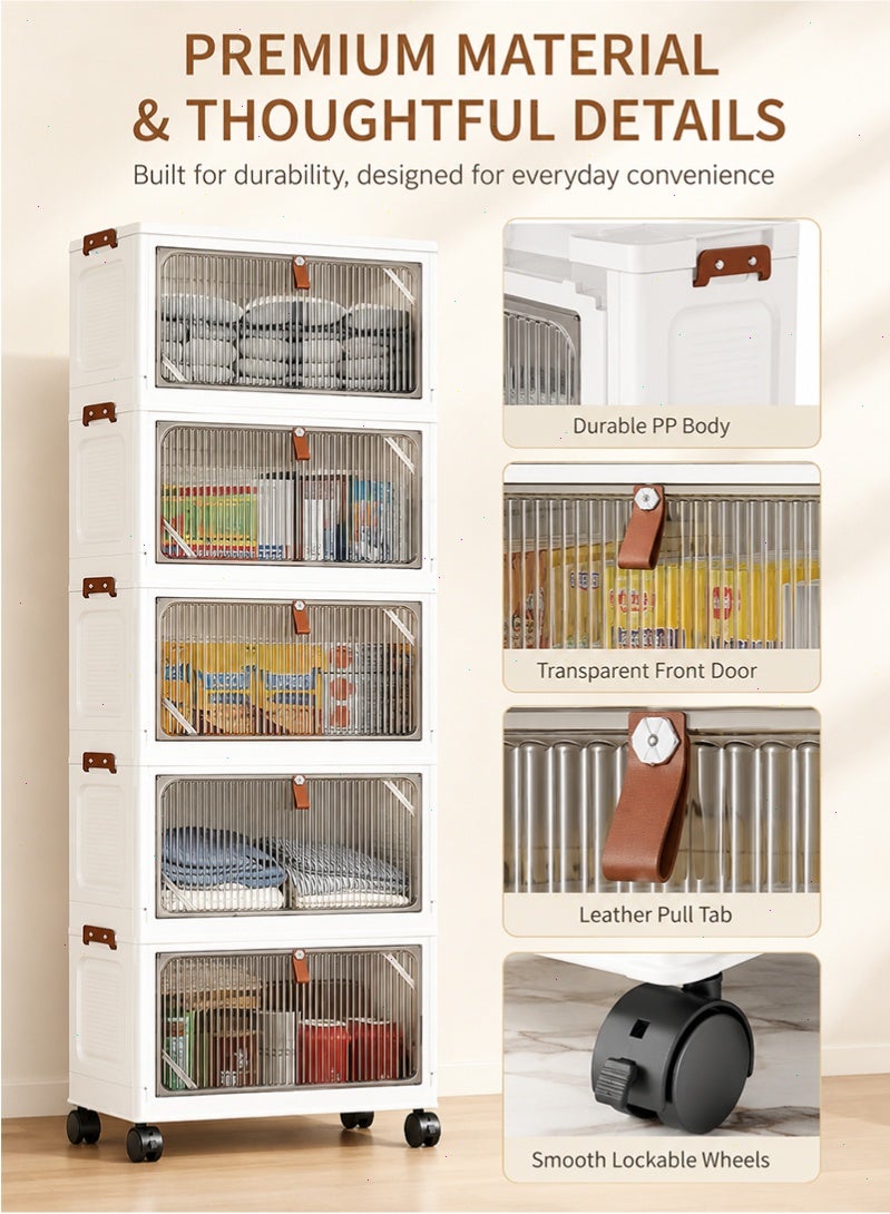 Yoawllty Collapsible 5 Tier Stackable Storage Cabinet with Wheels, PP Collapsible Storage Organizer  with Front Door, Multi Purpose Space Saving Cabinet for Home Office - Image 4