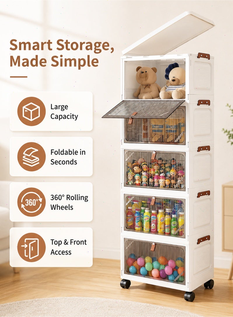 Yoawllty Collapsible 5 Tier Stackable Storage Cabinet with Wheels, PP Collapsible Storage Organizer  with Front Door, Multi Purpose Space Saving Cabinet for Home Office - Image 3