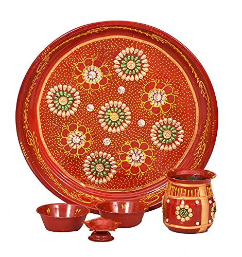NUTRI MIRACLE Decorative Pooja Thali Puja Plate Karwachauth Thali Set Diwali Gift Items Decorative Items for Pooja Aarti Thali Decorative 12 Inches Red - Image 3