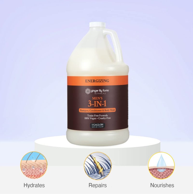 Ginger Lily Farms Botanicals Men's 3-in-1 Shampoo, Conditioner & Body Wash, 100% Vegan & Cruelty-Free, Energizing Scent, 1 Gallon (128 fl oz) Refill - Image 5