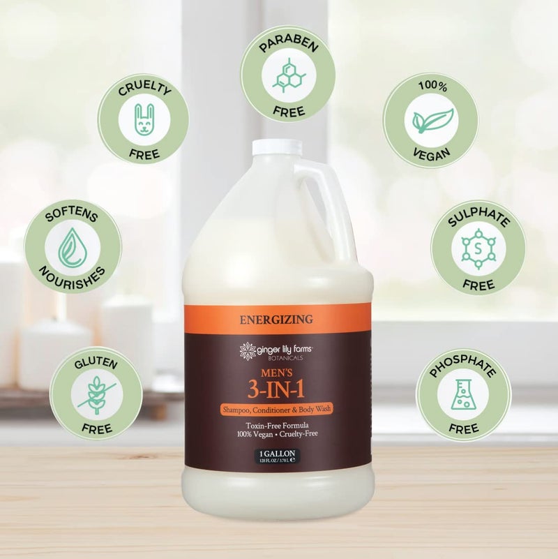 Ginger Lily Farms Botanicals Men's 3-in-1 Shampoo, Conditioner & Body Wash, 100% Vegan & Cruelty-Free, Energizing Scent, 1 Gallon (128 fl oz) Refill - Image 4
