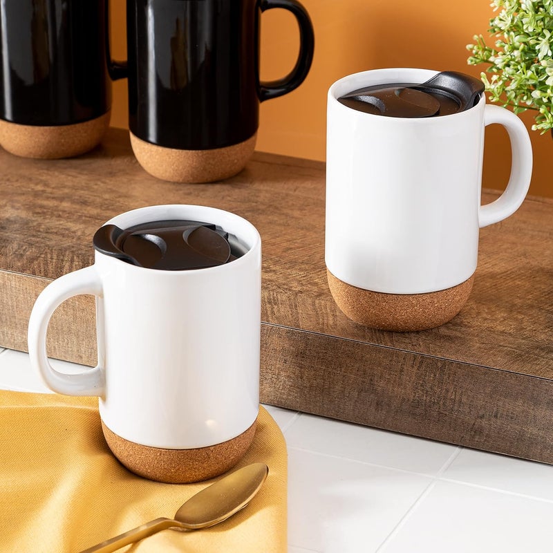Gibson Home Modani 2 Pack Large 165 OZ Ceramic Mugs Set with Removable Cork Bottom and Lid  White - Image 2