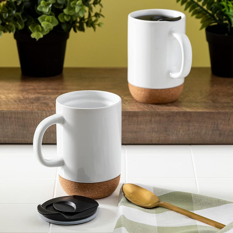 Gibson Home Modani 2 Pack Large 165 OZ Ceramic Mugs Set with Removable Cork Bottom and Lid  White - Image 3