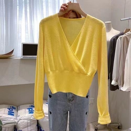 Spring and Autumn New Crossover V-neck Care Machine Slimming Long-sleeved Slim-fit Pullover Knitted Base Shirt Sweater Top for Women Black - Image 4
