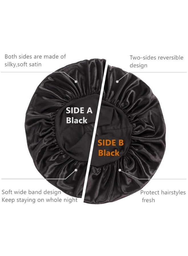 Black Reversible Double Layer Satin Bonnet Silk Sleep Cap for Men and Women, Wide Stretchy Band for Curly Hair and Braids - Image 3