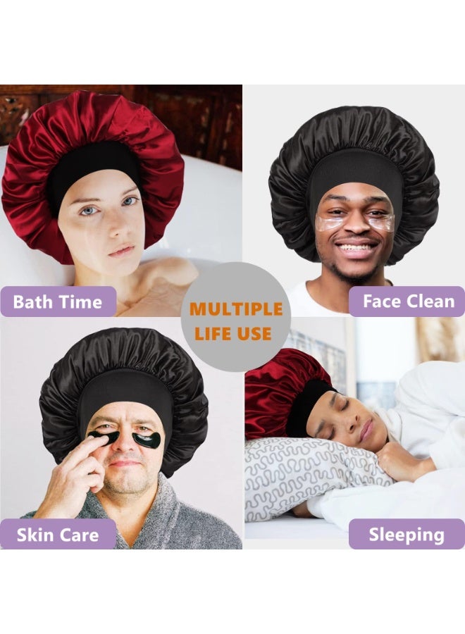 Black Reversible Double Layer Satin Bonnet Silk Sleep Cap for Men and Women, Wide Stretchy Band for Curly Hair and Braids - Image 4