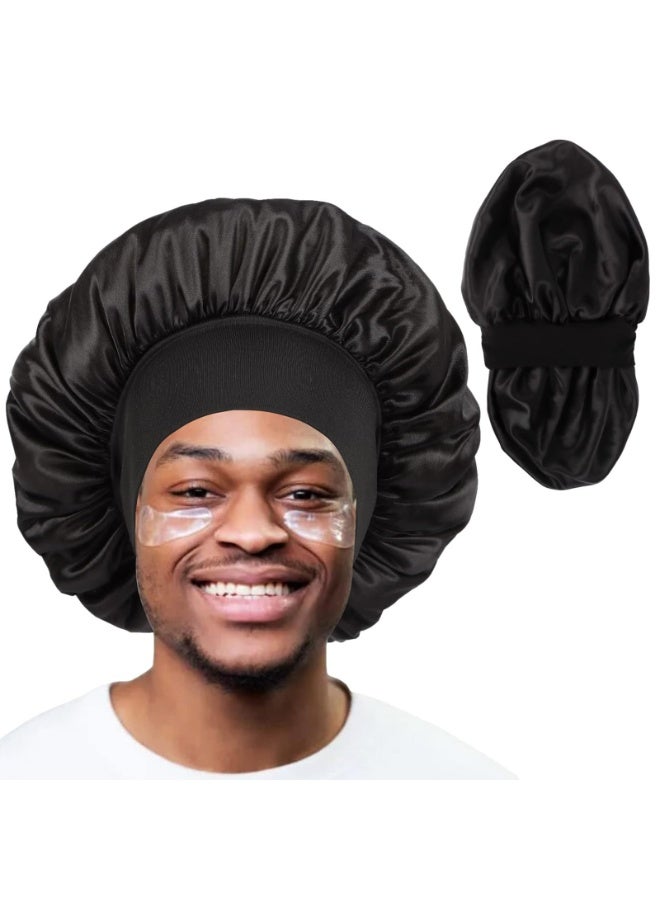Black Reversible Double Layer Satin Bonnet Silk Sleep Cap for Men and Women, Wide Stretchy Band for Curly Hair and Braids - Image 1