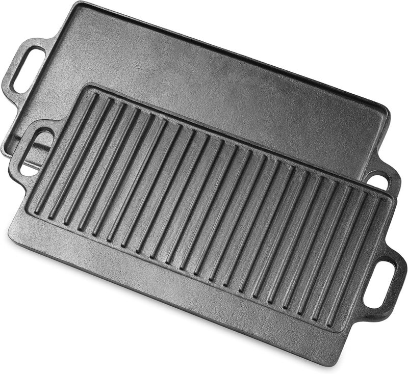 ProSource 2-in-1 Reversible 19.5” x 9” Cast Iron Griddle with Handles, Preseasoned & Non-Stick for Gas Stovetop, Oven, and Open Fire - Image 1