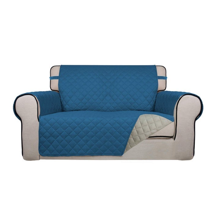 REVERSIBLE QUILTED SOFA COVER WATER RESISTANT MEDIUM SLIPCOVER FURNITURE PROTECTOR WASHABLE COUCH COVER WITH NON SLIP FOAM AND ELASTIC STRAPS FOR KIDS PETS LOVESEAT PEACOCK BLUEBEIGE