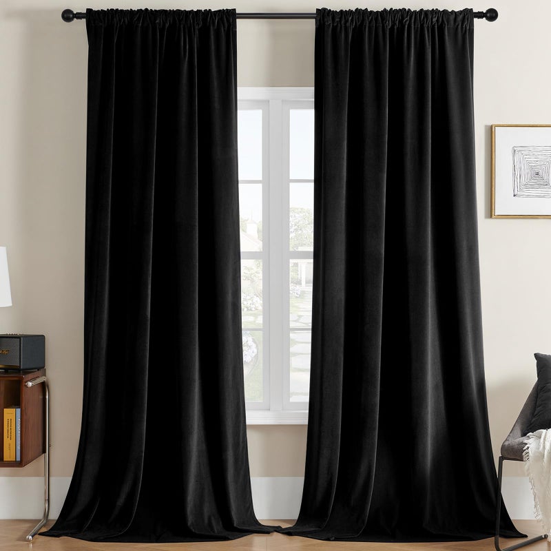 Joydeco Velvet Curtains 108 inches Long 2 Panels, Luxury Blackout Thermal Insulated Super Soft Rod Pocket Window Drapes for Bedroom Living Dining Room, Black, W52 x L108 - Image 1