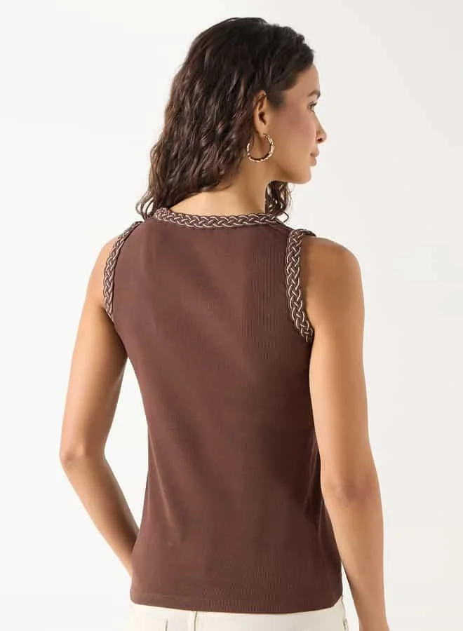 Iconic Iconic Textured Sleeveless Top with Scoop Neck and Braided Detail
