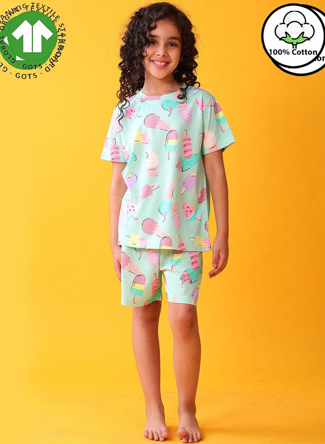 Anthrilo Girls Ice Cream Print Cotton T-Shirt and Shorts Set - Image 1