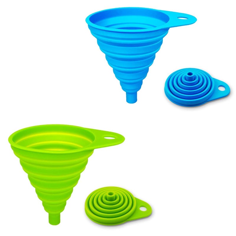 2 Pack Silicone Collapsible Funnel, Flexible Foldable Kitchen Funnel for Water Bottle Liquid Transfer Narrow and Wide Mouth Funnels Hopper (Green and Blueï¼‰