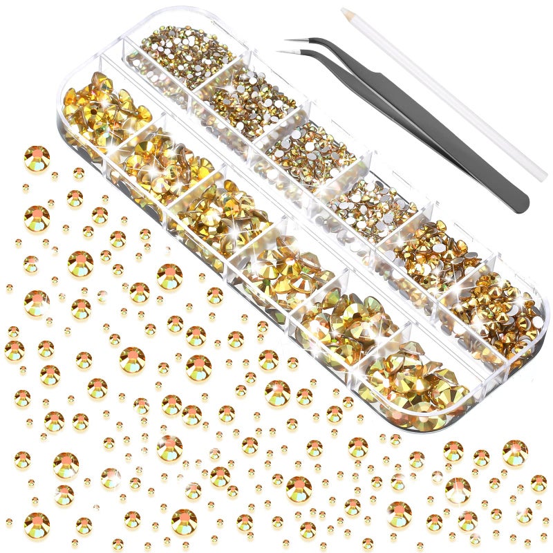 TecUnite 2000 Pieces Flat Back Gems Rhinestones 6 Sizes 156 Mm Round Crystal Rhinestones with Tools for Crafts Nail Clothes Shoes Bags DIY Art Metallic Sunshine