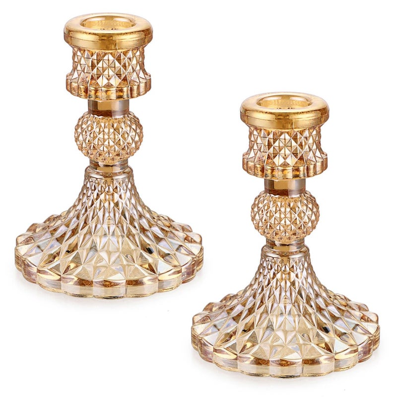 OwnMy Set of 2 Gold Glass Taper Candle Holders Decorative Glass Candlestick Holders, Modern Taper Candle Stands Candlesticks for Dining Table Centerpieces Wedding Church Decor - Image 1