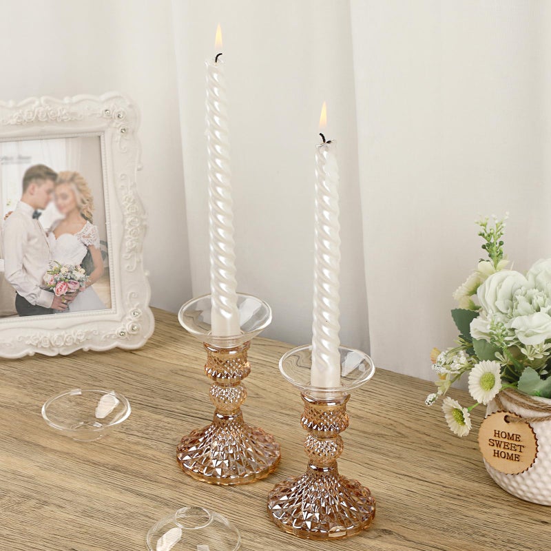 OwnMy Set of 2 Gold Glass Taper Candle Holders Decorative Glass Candlestick Holders, Modern Taper Candle Stands Candlesticks for Dining Table Centerpieces Wedding Church Decor - Image 3